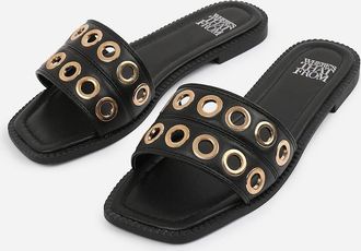 Where's That From Womens Open Toe Flat Slide Sandals - Black/Black - Size: 3