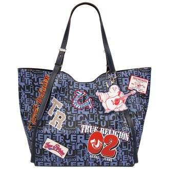 True Religion Multi Patch Graphic Tote Bag with Buddha Charm and Adjustable Shoulder Straps