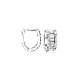 Ross-Simons Baguette and Round CZ Huggie Hoop Earrings in Sterling Silver