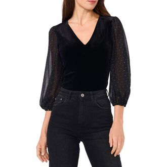 Vince Camuto Rhinestone Balloon Sleeve Velvet Top in Rich Black at Nordstrom Rack, Size Medium
