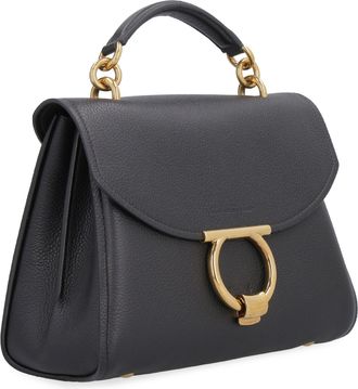 Ferragamo Womens Gancini Pebbled Leather Handbag Black Calfskin Handbags Hand Bags