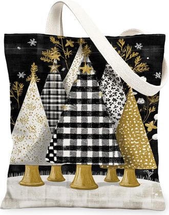 Generic Christmas Tree Canvas Tote Bags, Festive Winter Plant Pattern Reusable Grocery Bags, Lightweight Washable Shoulder Strap Canvas for Holiday Travel Bea