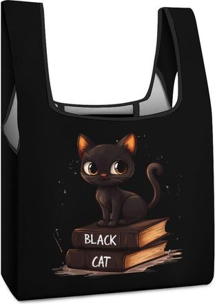 Generic Black Cat Books Shopping Bag Reusable Grocery Tote Bag Foldable Handbag for Travel Picnic