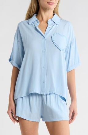 Betsey Johnson Heart Patch Cabana Button-Up Shirt & Shorts Cover-Up Set in Blue at Nordstrom Rack, Size X-Large