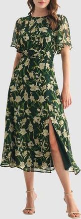 Lush Floral Short Sleeve Chiffon Midi Dress in Green Floral at Nordstrom Rack, Size Small