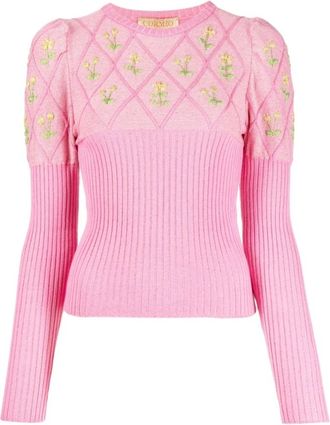 Cormio Flamingo Pink Gebreide Top met Bloemenborduurwerk - Dames - Ronde hals truien - Roze - M - Katoen - Truien & Vesten