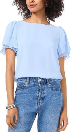 Vince Camuto Blouse Top WomensSky Layered Flutter Sleeves Boat Neck UPS651