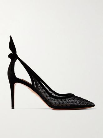 Aquazzura D&eacute;collet&eacute; In Mesh Ricamato E Camoscio Bow Tie 85 - Nero