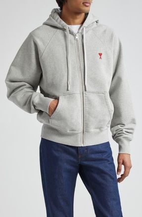 Ami Ami de Coeur Logo Embroidered Zip Hoodie in Heather Ash Grey at Nordstrom, Size Large