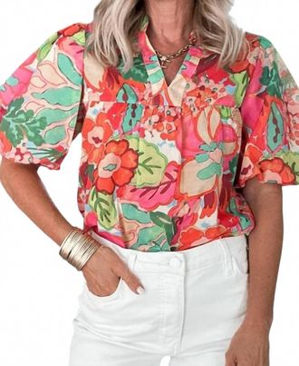 THML Clothing Puff Sleeve Flower Print Top In Orange Multi