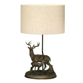 Loops Table Lamp Stag & Fawn Statuette Natural Hessian Shade Bronze Patina LED E27 40w