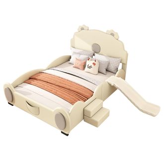 STILVORA Letto Per Bambini 140 X 200 Cm In Pu E Mdf Con Led Regolabile, Piccoli Gradini E Scivolo, Senza Materasso, Beige