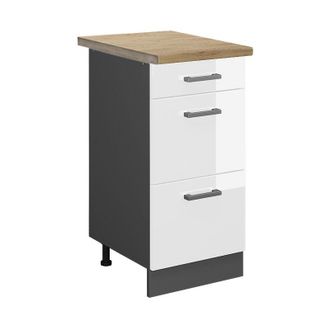 Vicco Mueble Bajo De Cocina R-line, Blanco Alto Brillo, 40 Cm Con Cajones, Et Roble