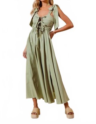 So Me Shirring Bow Tie Midi Dress In Green