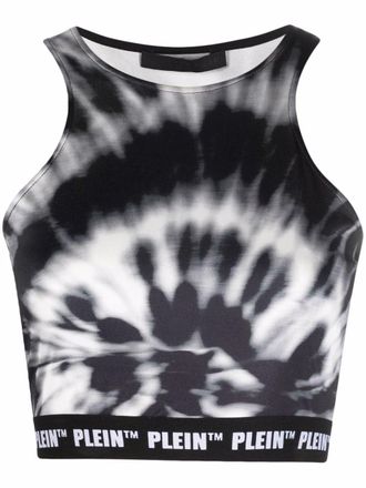 Philipp Plein tie dye-print cropped top - women - Spandex/Elastane/Polyester - S - Black