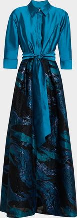 Teri Jon Taffeta Feather-Patterned Shirt Gown