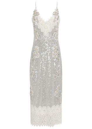 Erdem Embellished Lace-trim Chiffon Midi Slip Dress - Silver - 10 (UK10 / S)