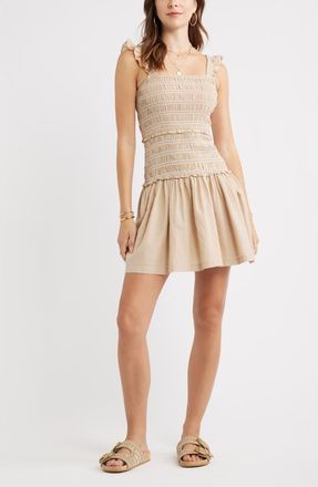 Treasure & Bond Ruffle Smocked Drop Waist Cotton Blend Minidress in Beige Hummus at Nordstrom, Size Xx-Large