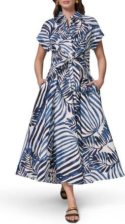 DKNY Tie Waist Short Sleeve Stretch Cotton Midi Shirtdress in Night Fall at Nordstrom, Size X-Small
