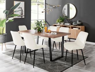 Furniturebox Kylo Large Brown Wood Effect Dining Table & 6 Pesaro Velvet Black Leg Chairs in Cream