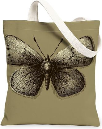Generic Vintage Butterfly Canvas Tote Bags, Artistic Insect Design Reusable Grocery Bags, Lightweight Washable Shoulder Strap, Khaki, 13x15 Inch