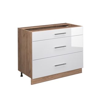 Vicco Mueble Bajo De Cocina Fame-line, Blanco Alto Brillo/roble Dorado, 100 Cm Sin Encimera, Vicco