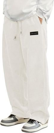 Generic Mens Corduroy Trousers Loose Fit Straight Leg Joggers Solid Casual Elasticated Waist Baggy Sweatpants with Pockets White