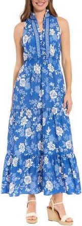 London Times Ruffle Neck Smocked Waist Maxi Dress in Blue/White at Nordstrom Rack, Size 10