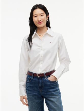 Tommy Hilfiger Womens Regular Fit Ruffle-Trim Oxford Shirt - Ecru - XS