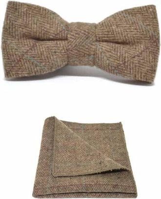King & Priory Luxury Herringbone Brown Tweed Bow Tie & Pocket Square Set