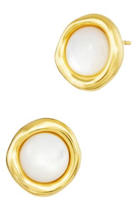Savvy Cie Jewels GOLD PLATED OVER BRASS MOTHERS OF PEARLS CABACHON STUD