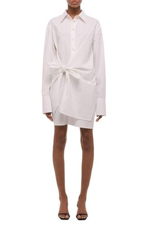 Helmut Lang Knot Detail Long Sleeve Cotton Shirtdress in White at Nordstrom, Size X-Small