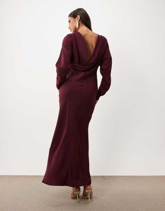Asos vestito maxi con maniche a pipistrello e schiena drappeggiata in bordeaux-Rosso