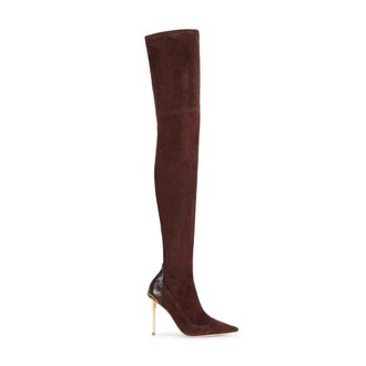 Elisabetta Franchi Schoenen, Dames, Bruin, 39 EU, Su&egrave;de, Su&egrave;de leren laarzen met python-effect details
