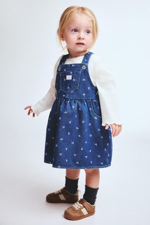 H&M 2-piece Dungaree Dress And Top Set in Dark Denim Blue/cherries at Nordstrom, Size 18M
