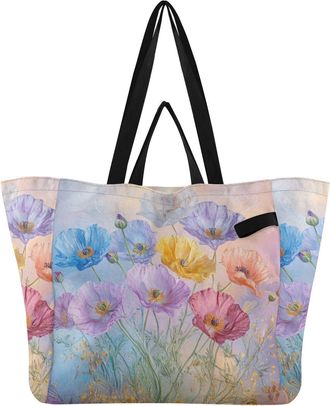 Generic Colorful Poppy Flower pattern Reusable Canvas Tote Bag, Heavy Duty Grocery Shopping Bag with Large Capacity Double Handles Hard Bottom Work Groceries 