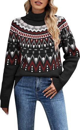 Generic Fairisle Jumper Women Winter Thick Polo Neck Knitted Jumpers Dressy Casual Pullover Turtleneck Sweaters Thermal Warm Fair Isle Sweater High Neck Knitw