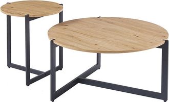 Siediti Fuori e Dentro Set de 2 mesas auxiliares redondas con patas met&aacute;licas y efecto madera