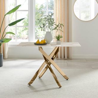 Furniturebox Leonardo 4-Seater Dining Table With Marble Effect Glass Top & Gold Metal Legs in White