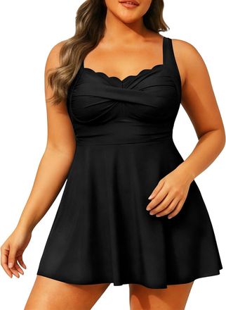 Generic Plus Size Swimming Costume with Skirt Swim Dresses for Women UK Tummy Control Swimwear Push Up Swim Dress Soft Bathing Suits with Bikini Bottooms Swim