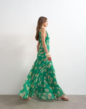 Topshop Vestito lungo in chiffon verde a fiori con cuciture a vista