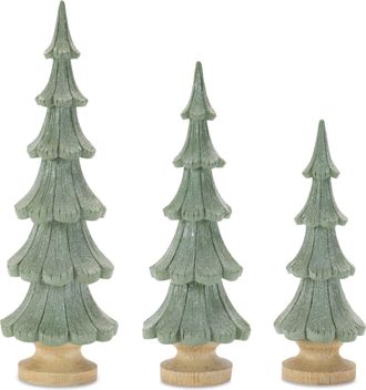 Melrose International Glittered Pine Tree (Set of 3) - Green, Beige