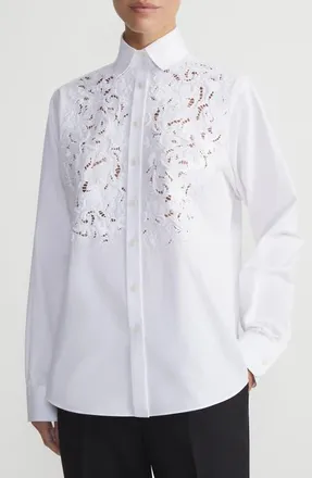 Lafayette 148 New York Baroque Embroidered Organic Cotton Poplin Button-Up Shirt in White at Nordstrom, Size Small