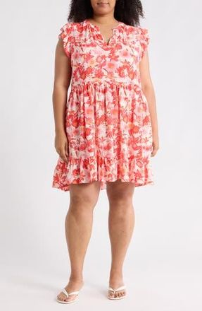 Caslon Ruffle Shoulder Minidress in Ivory Coral Palm Floral at Nordstrom Rack, Size 2 X