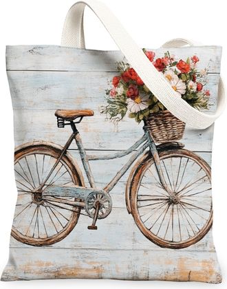 Generic Vintage Bike Canvas Tote Bags, Floral Pattern Reusable Grocery Bags, Lightweight Washable Shoulder Strap Canvas for Travel Outdoor Beach Picnic 13x15 