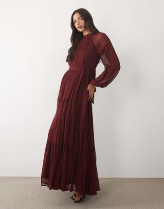 Lace & Beads abito lungo in chiffon con collo alto e maniche a palloncino, bordeaux-Rosso