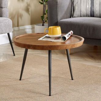 Home Source Industries Medium Coffee Table Round Rustic Solid Mango Wood Living Room Furniture Unit