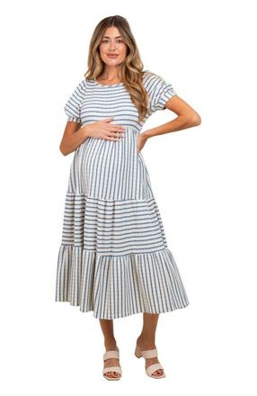 Pinkblush Striped Short Sleeve Tiered Maxi Dress in Blue at Nordstrom, Size Large