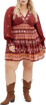 City Chic Ophelia Mixed Print Long Sleeve Tiered Minidress in Orange Print at Nordstrom, Size Xxl