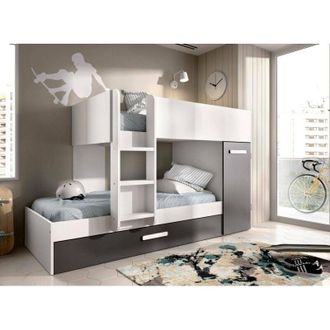Dmora Cama Infantil Dcierv, Dormitorio Completo Con Armario Y Cajonera, Composici&oacute;n Litera Con Dos Camas Individuales, 244x112h150 Cm, Blanco Y Antracita - 